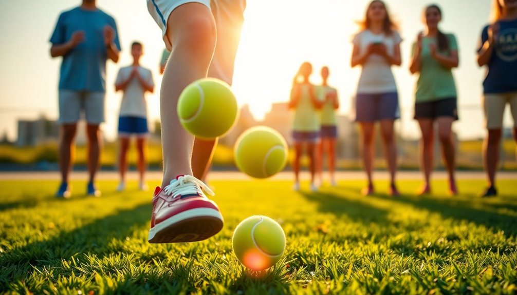 balancing tennis balls skillfully